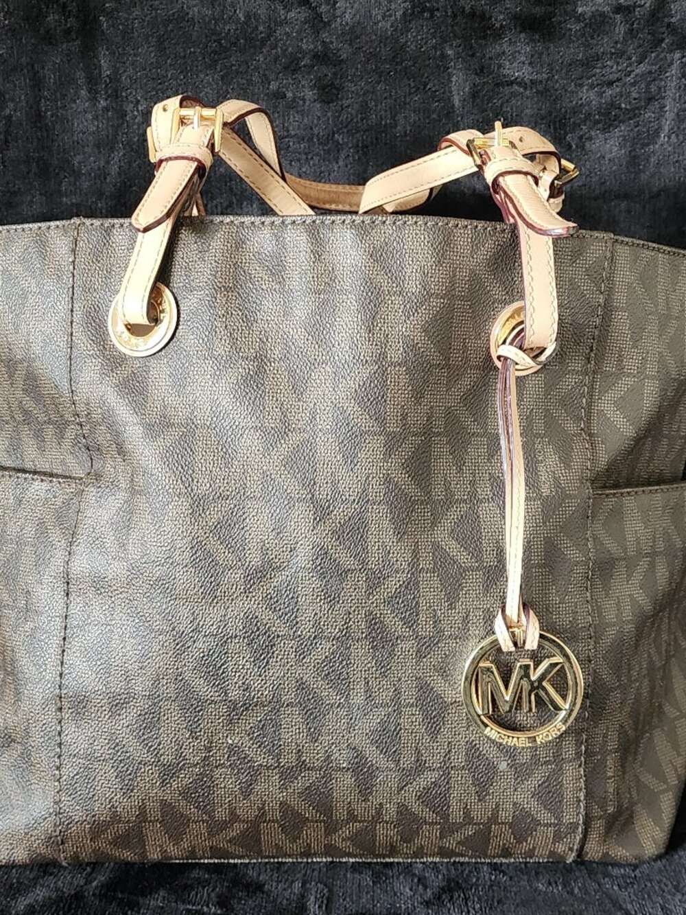 Michael Kors Jet Set Tote Brown MK Signature PVC Shoulder Bag Gold Charm